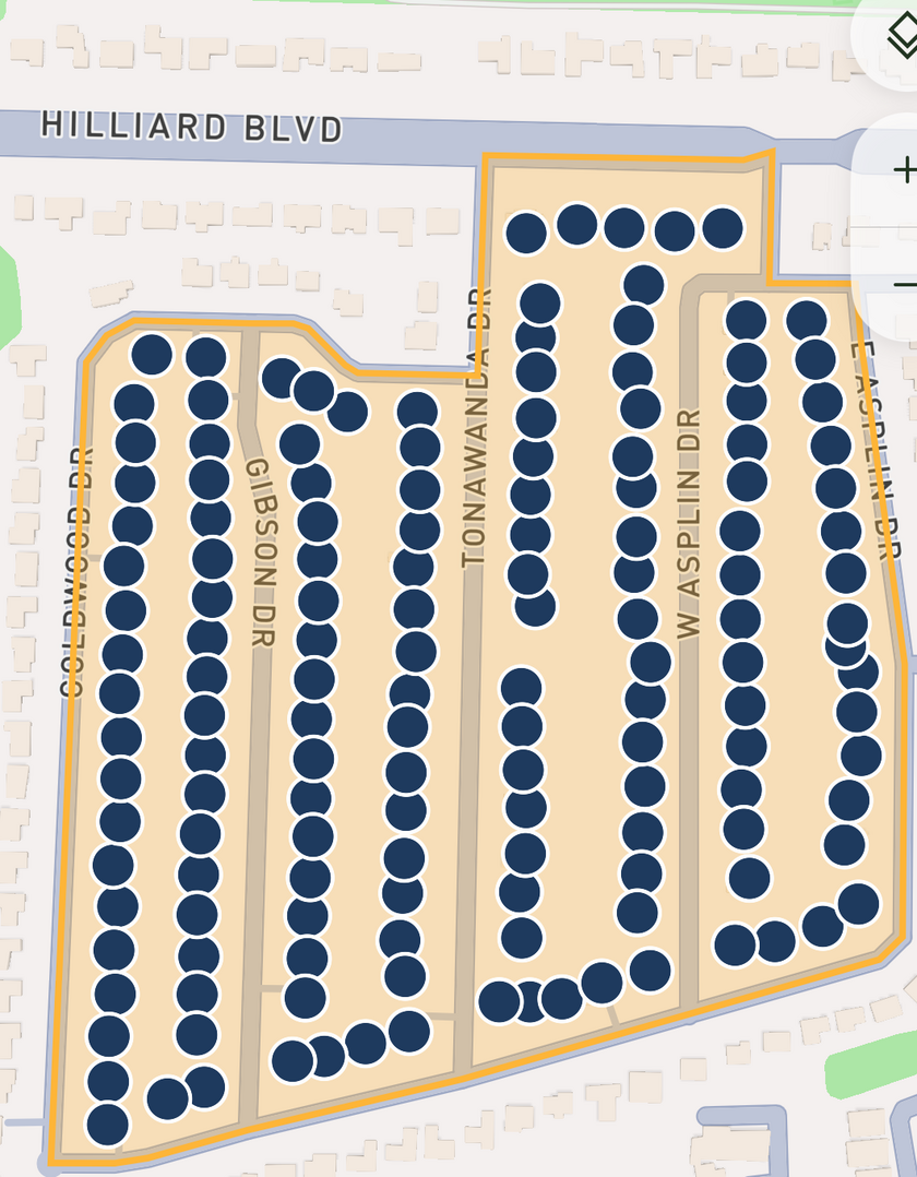 A real KnocKnow match-zone in Rocky River, OH: an entire neighborhood outlined on the map, packed with qualifying homes where 70%+ fit the rep's filters.